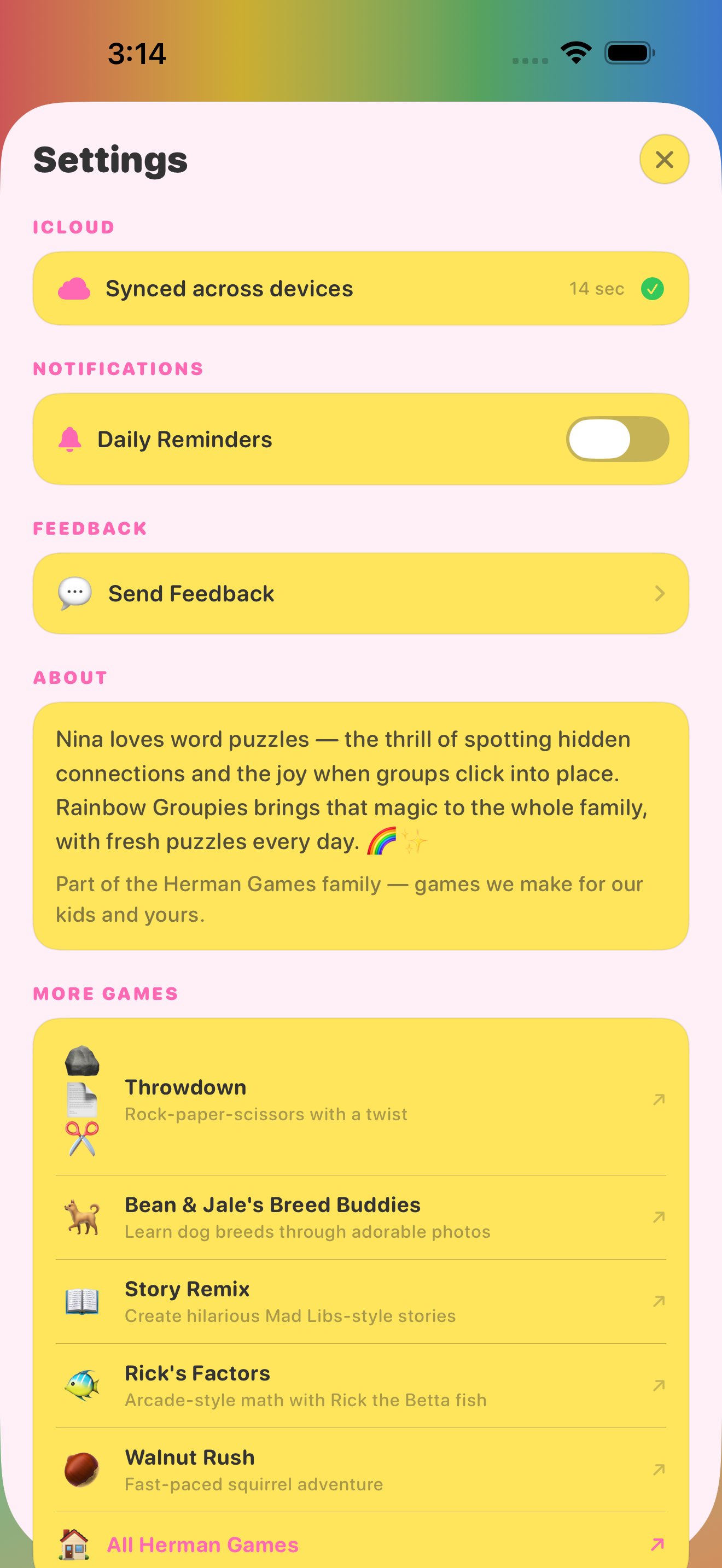 Theme selection screen with three options: Rainbow, Mermaid Magic, and Pastel Dream